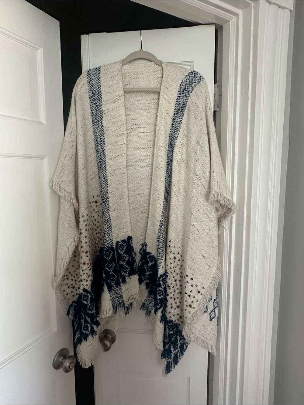 Anthropologie Ivory and Navy Fringe Knit Cape